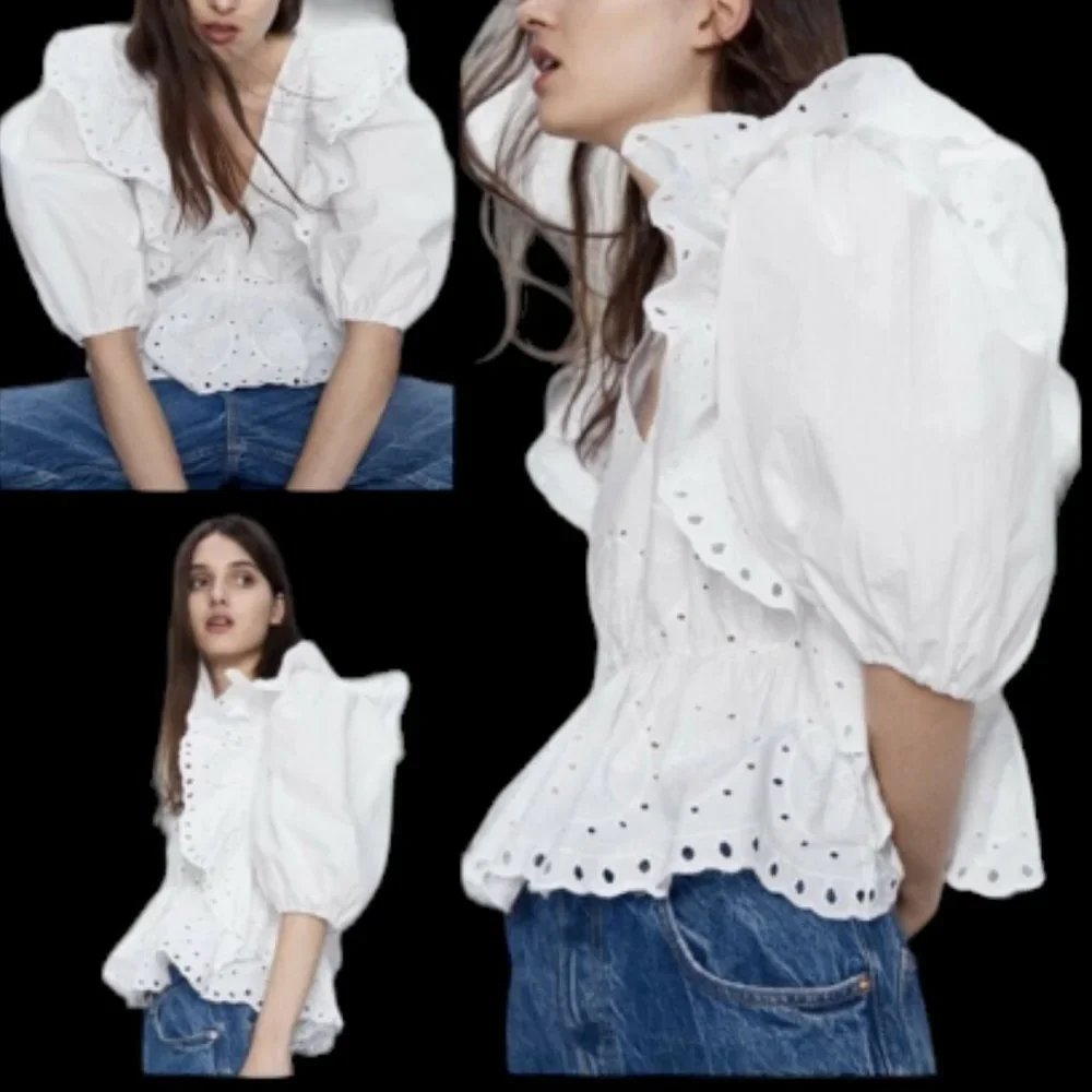 Zara White Poplin Eyelet Puff Top - Picture 2 of 9